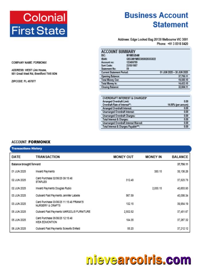 Colonial First State company checking account statement